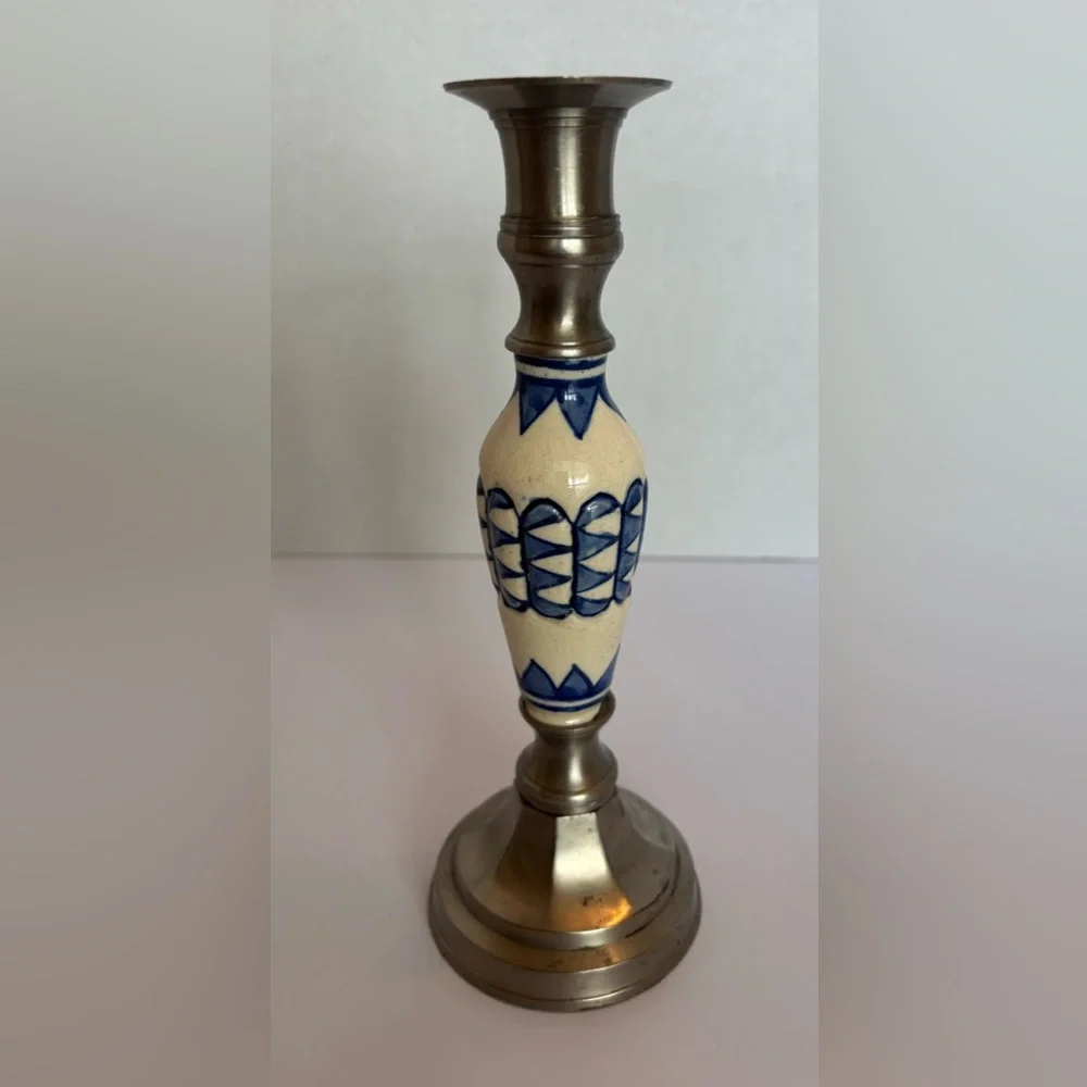 Vintage Blue & Cream Ceramic & Pewter Candlestick